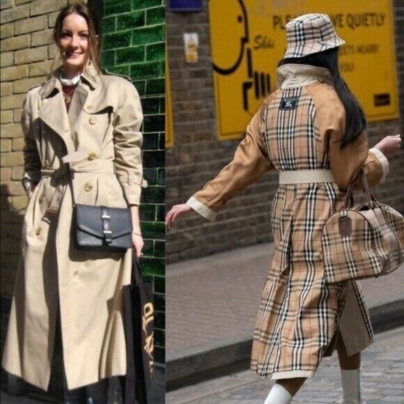 Burberry Beige Nova Check Haymarket Trench w/Wool Lining 14 Long Vintage